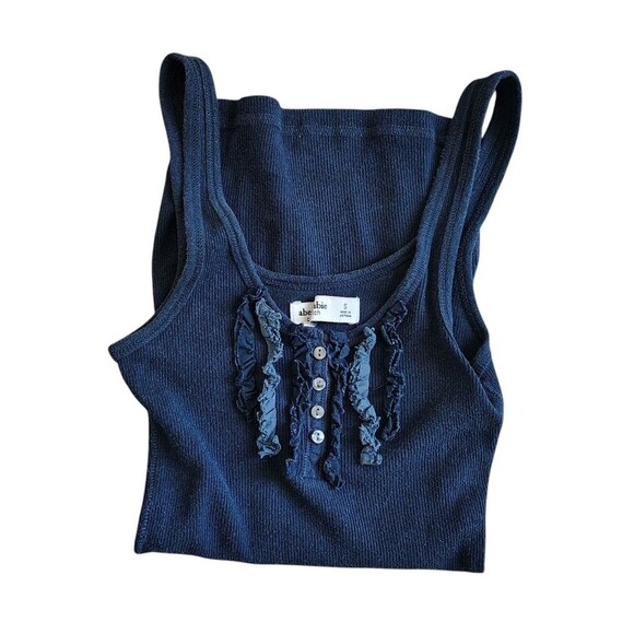 Abercrombie & Fitch S Cute Stretch Navy Ribbed Ruffle Tank Top Y2K Preppy Cami - Picture 1 of 9